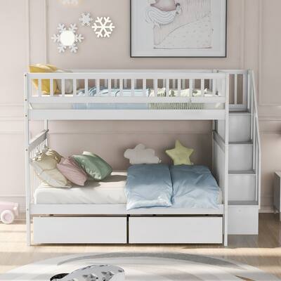 Full over Full Bunk Bed with Two Drawers and Staircase