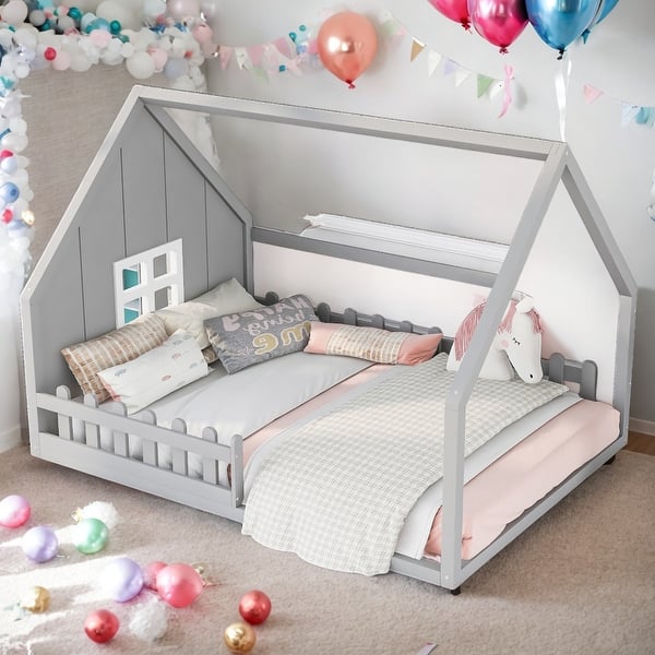 slide 2 of 12, Full Size Wood House Bed with Window and Fence, Grey