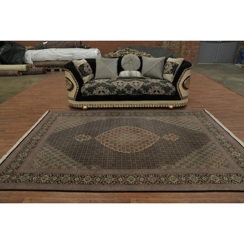 Hand Knotted Oriental 100% Wool Carpet Traditional Geometric Black Tabriz-Mahi Area Rug - 10' 2'' X 6' 7''