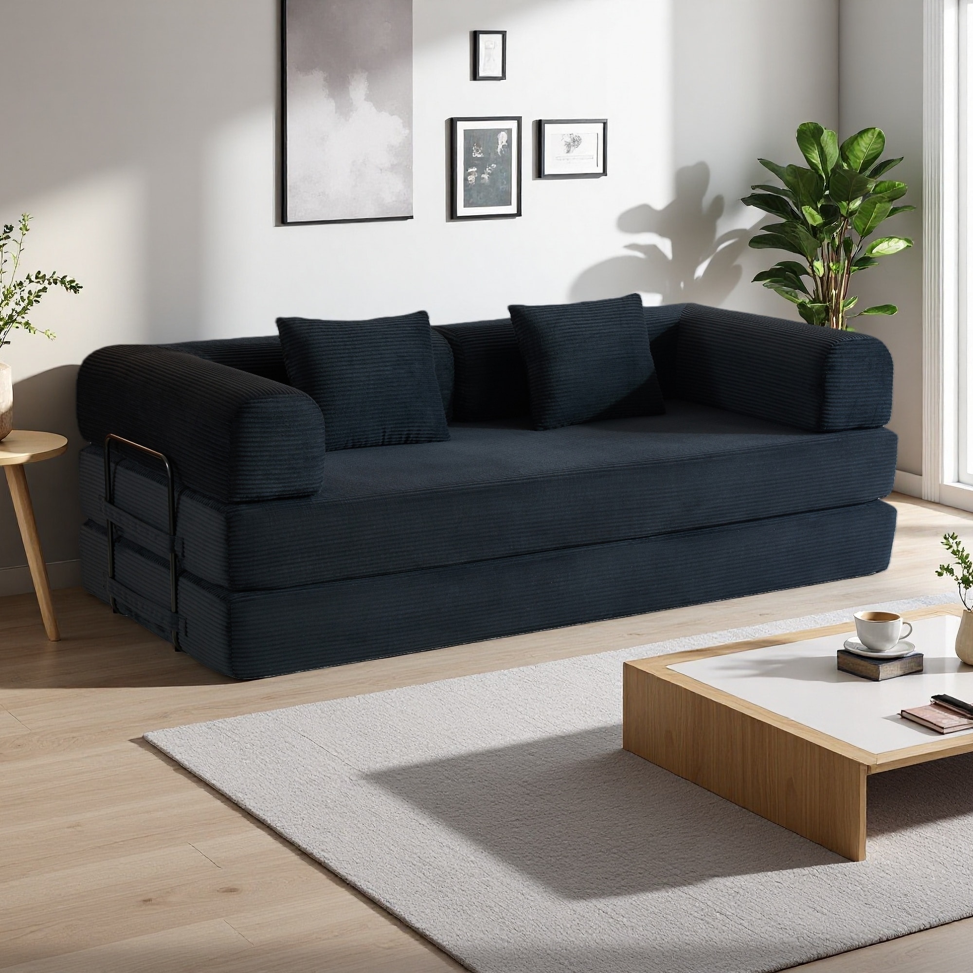 77.95" Corduroy Convertible Folding Sleeper Sofa with Cylindrical Pillow and 4-in-1 Design (2-Seater).