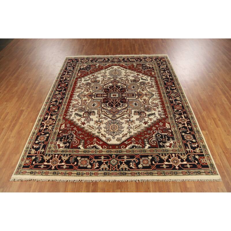 Geometric Ivory Heriz Serapi Indian Area Rug Handmade Wool Carpet - 8'0" x 9'9"