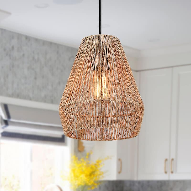 True Fine Bohemian Natural Jute Rope Island Mini Pendant Light with Black Hardware