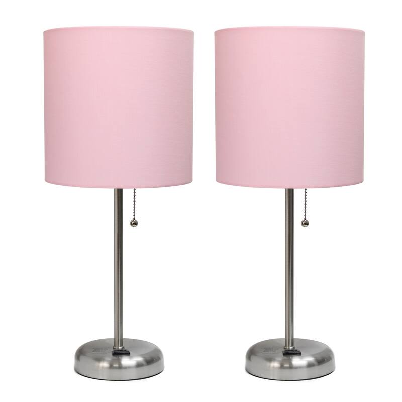 19.5 in. Brushed Steel Finish Table Lamp with Pink Shade, Durable Stick Lamp for End/Side Tables, Set of 2