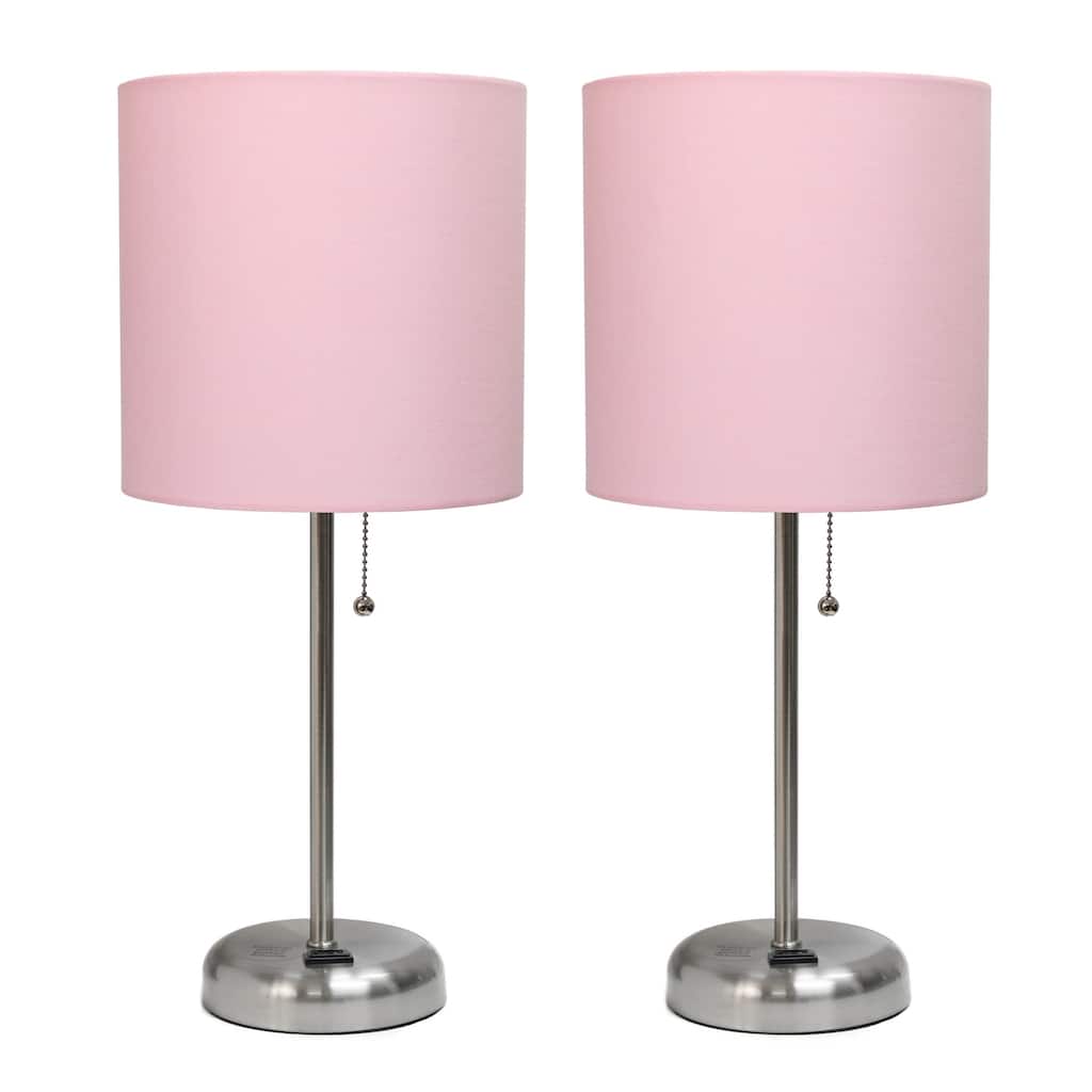 19.5 in. Brushed Steel Finish Table Lamp with Pink Shade, Durable Stick Lamp for End/Side Tables, Set of 2