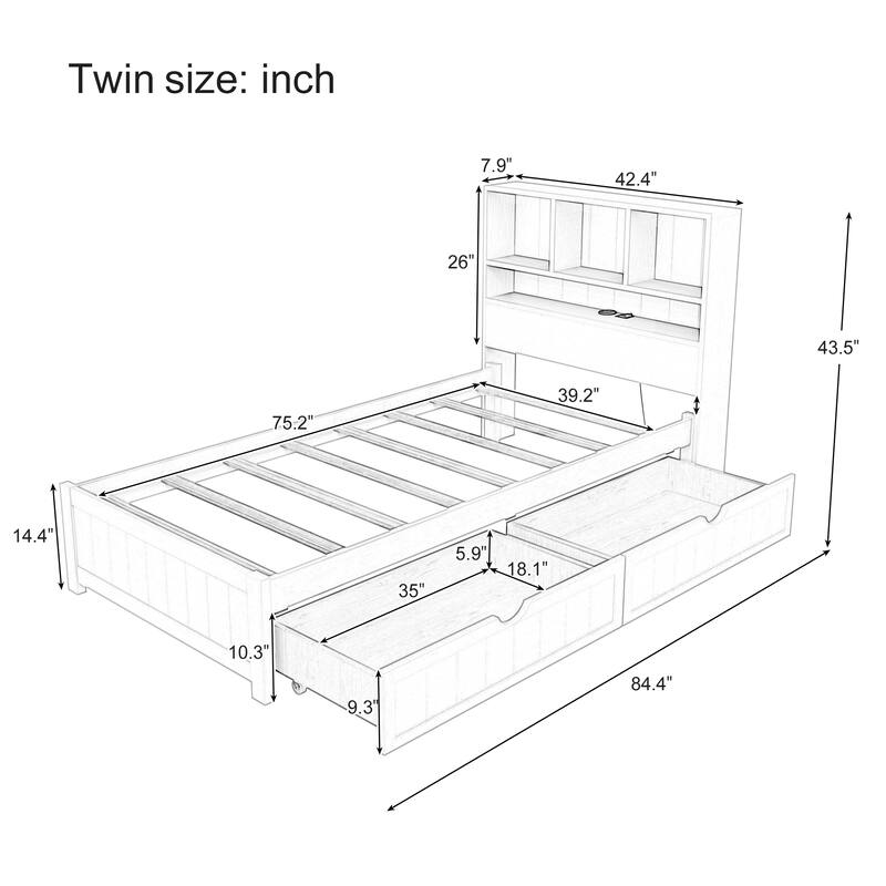 Twin Size Wood Platform Bed with Bookcase Headboard - White