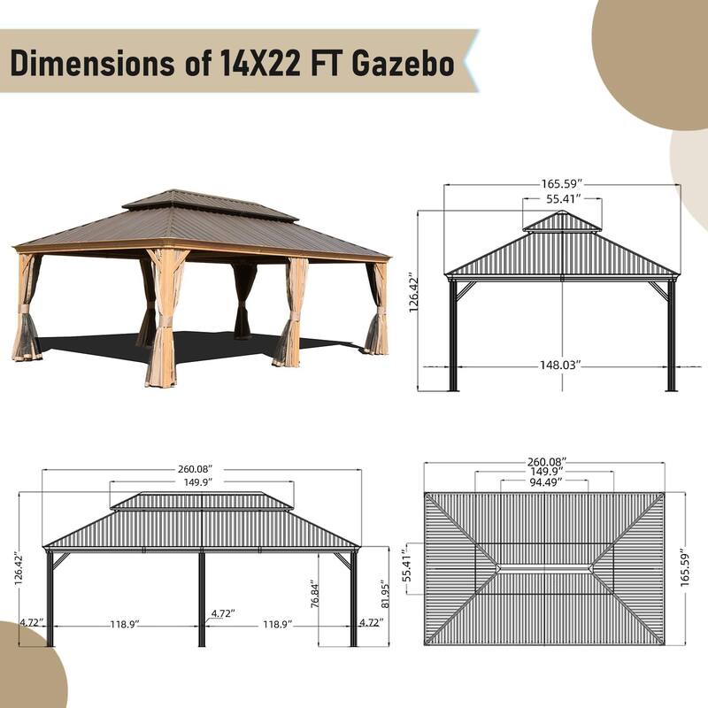 GDFStudio - Terry Outdoor Aluminum Hardtop Gazebo with Galvanized Steel Double Roof, Curtains & Netting