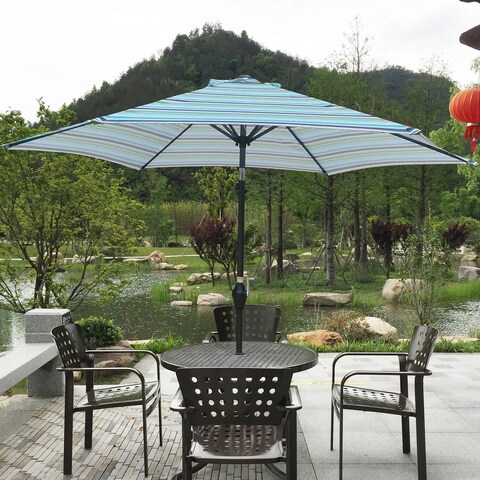 Outdoor 9FT Stripes Umbrella Stripes With Crank And Push Button Tilt
