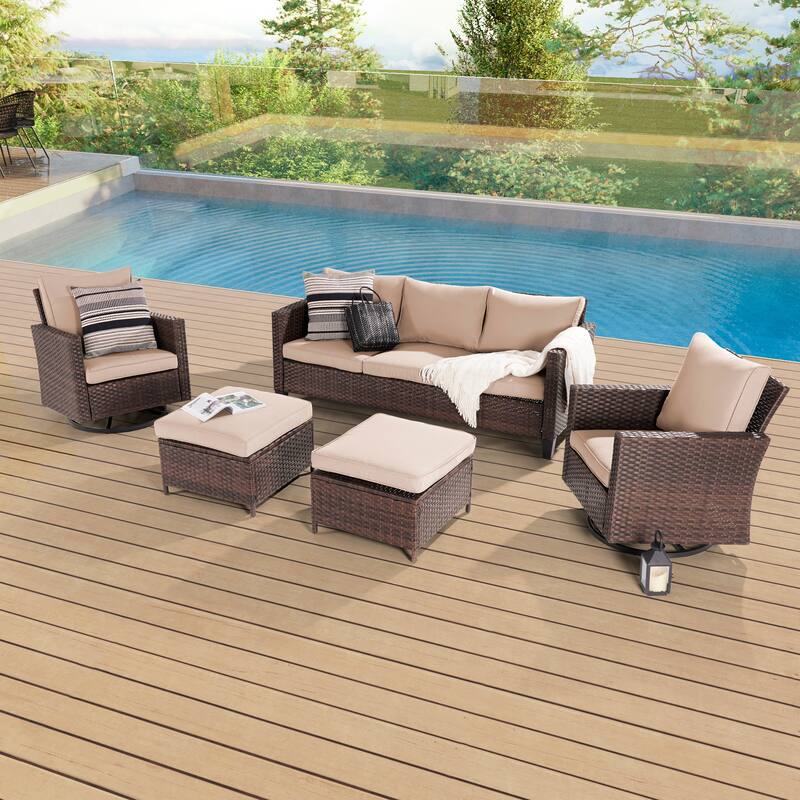 BONOSUKI 5-Piece Outdoor Brown/Gray PE Wicker Patio Conversation Sets, Swivel Rocking Sofa Set with Cushions and Ottomans - Brown Wicker Sand Cushion