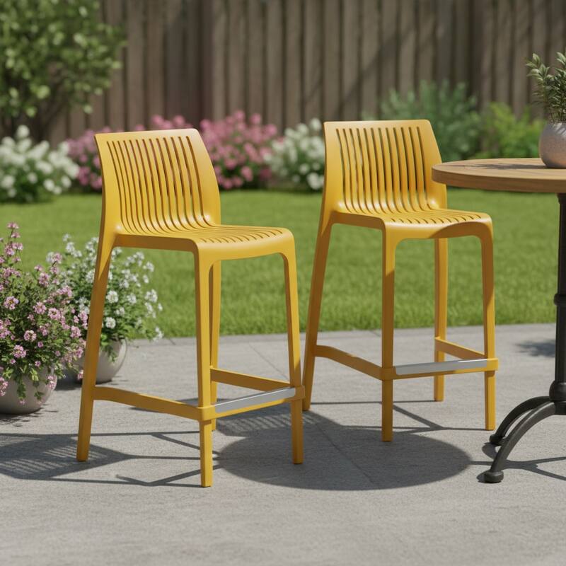 HomeRoots Set of Two 26" Yellow Heavy Duty Plastic Low Back Outdoor Counter Height Bar Chairs