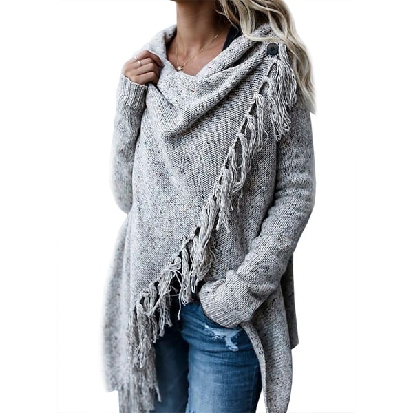 QZUnique Women's Tassel Hem Sweater Poncho Coat Cardigan Shawl Wrap Outwear