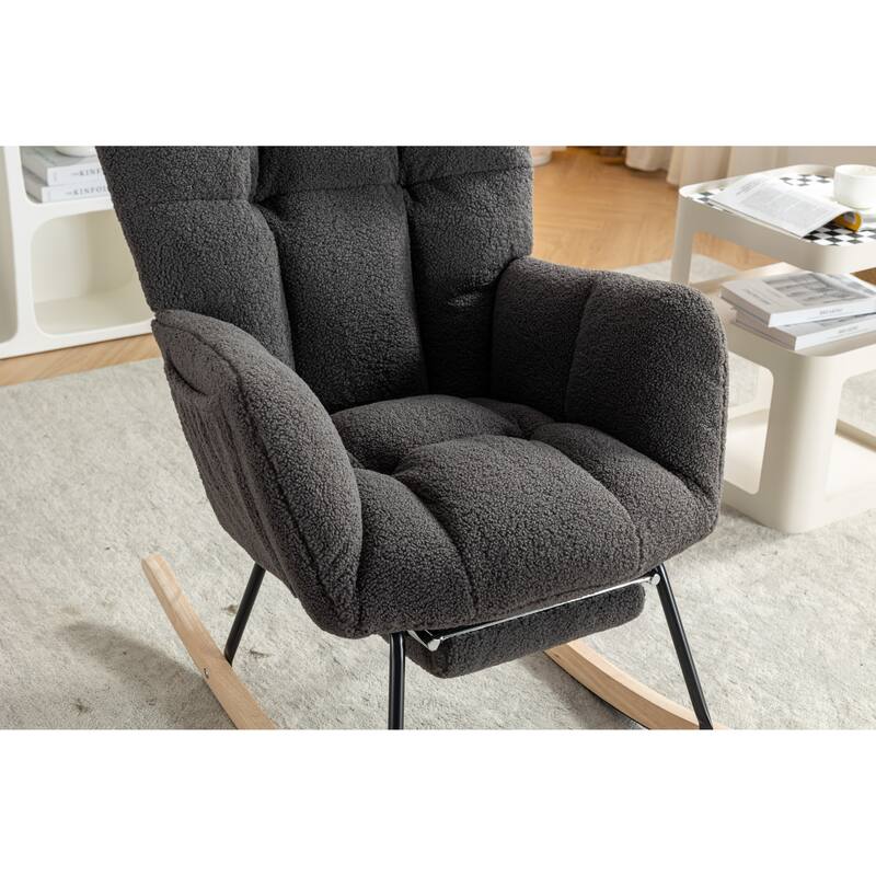 High Backrest Nursery Rocking Chair, Teddy Upholstered Glider Chair with Footrest, Recliner Chair with Solid Wood Legs