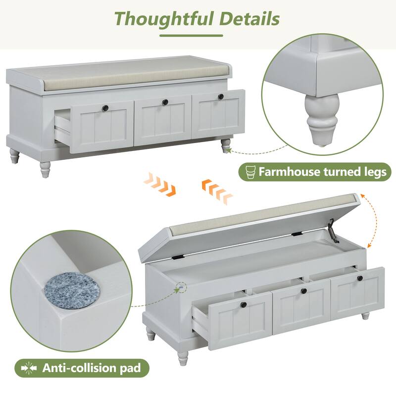 Classic Fluted Shoe Bench with Cushioned Top & Three Drawers by Harper&Bright Designs