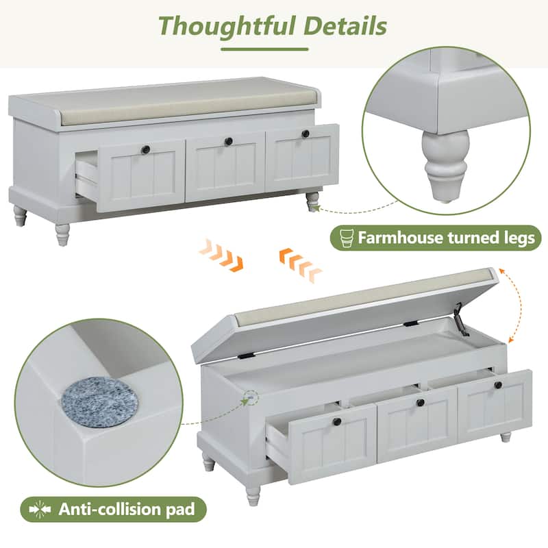Roomfitters Classic Entryway Bench with Cushion, 3 Hidden Storage Spaces, Grooved Doors and Round Handles