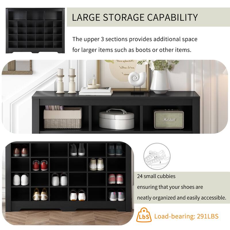 Contemporary Shoe Cabinet with 24 Cubbies & Extra Storage for Hallway or Bedroom