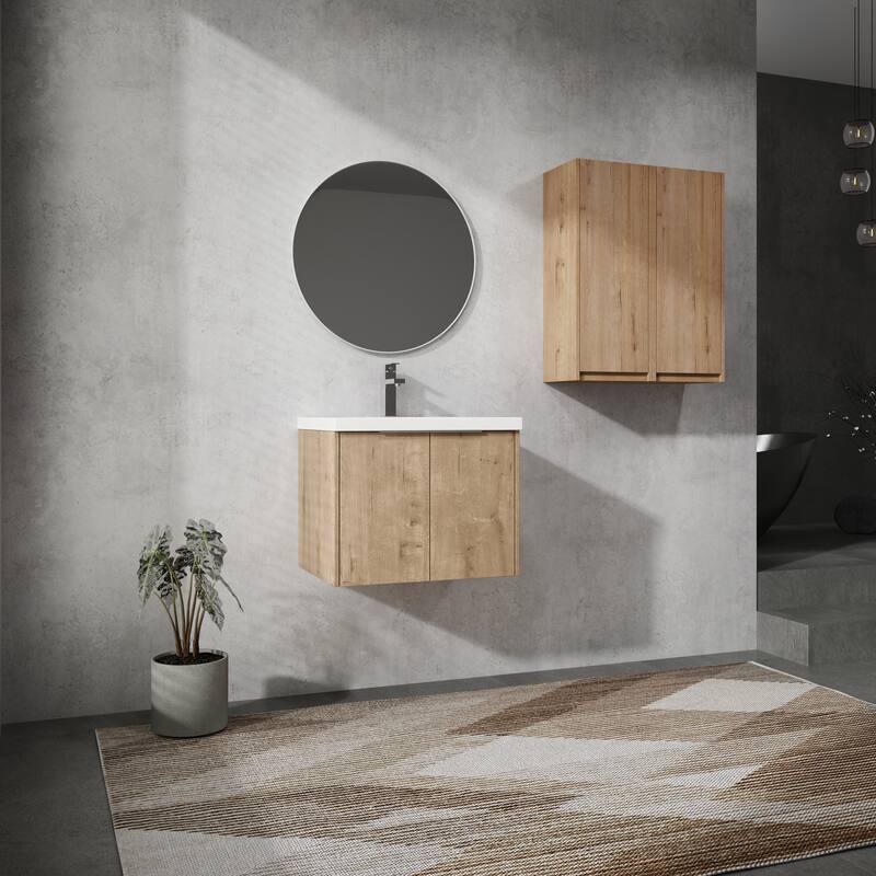 24" Floating Bathroom Vanity with Resin Sink, Side Cabinets, Soft-Close Doors, and Luxury Metal Handles