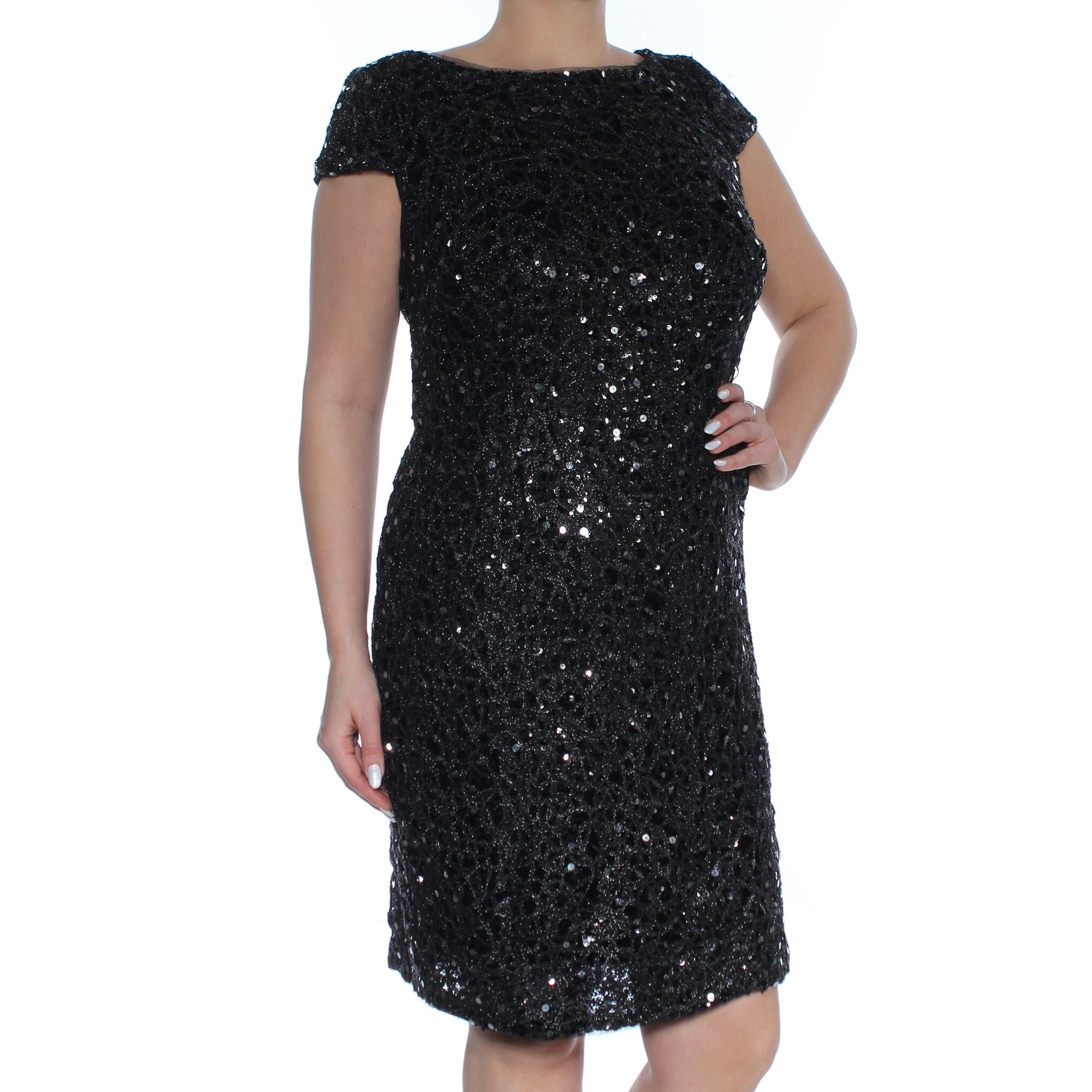 Shop Adrianna Papell Womens Black Sequined Short Sleeve Boat Neck Above The Knee Shift Party Dress Plus Size 14 Overstock 28288052