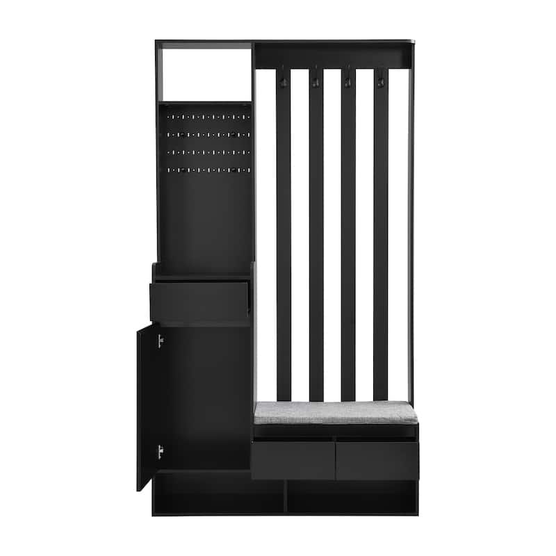 Roomfitters Modern Hall Tree with Storage Bench, Multifunctional Mudroom Cabinet with Pegboard and 4 Hooks
