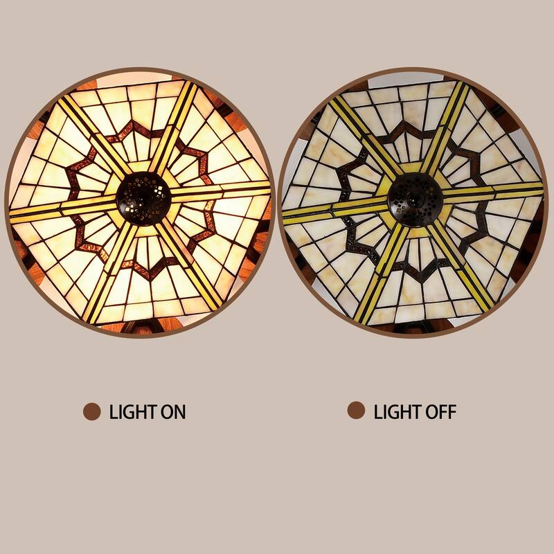 Lymelyn 52-Inch Flushmount Lighted Ceiling Fan Ivory Geometric Tiffany Glass Lamp Black Finish