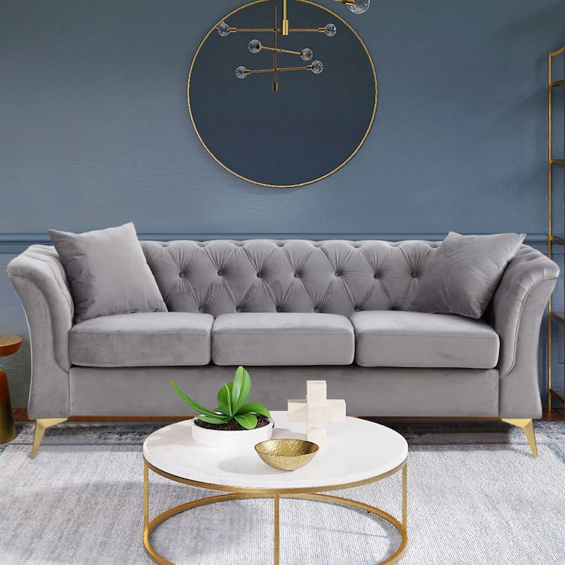Mid-century Velvet Fabric Tufted Chesterfield 3-Seater Sofa