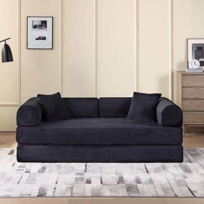 Convertible Sofa Bed, 3 in 1 Folding Loveseat Couch Bed Foldable Boneless Couch Floor Sleeper, Corduroy Pull Out Sofa Bed - Black