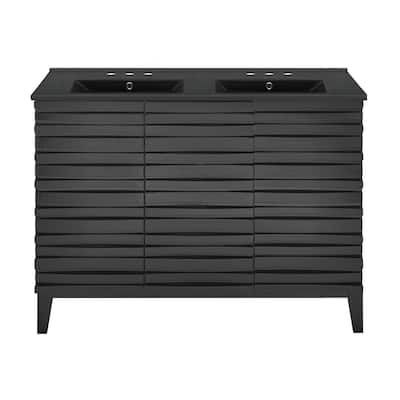 Cascade 48 In. Black Oak, Double Basin Bathroom Vanity With Black, 3-Hole Ceramic Sink Top