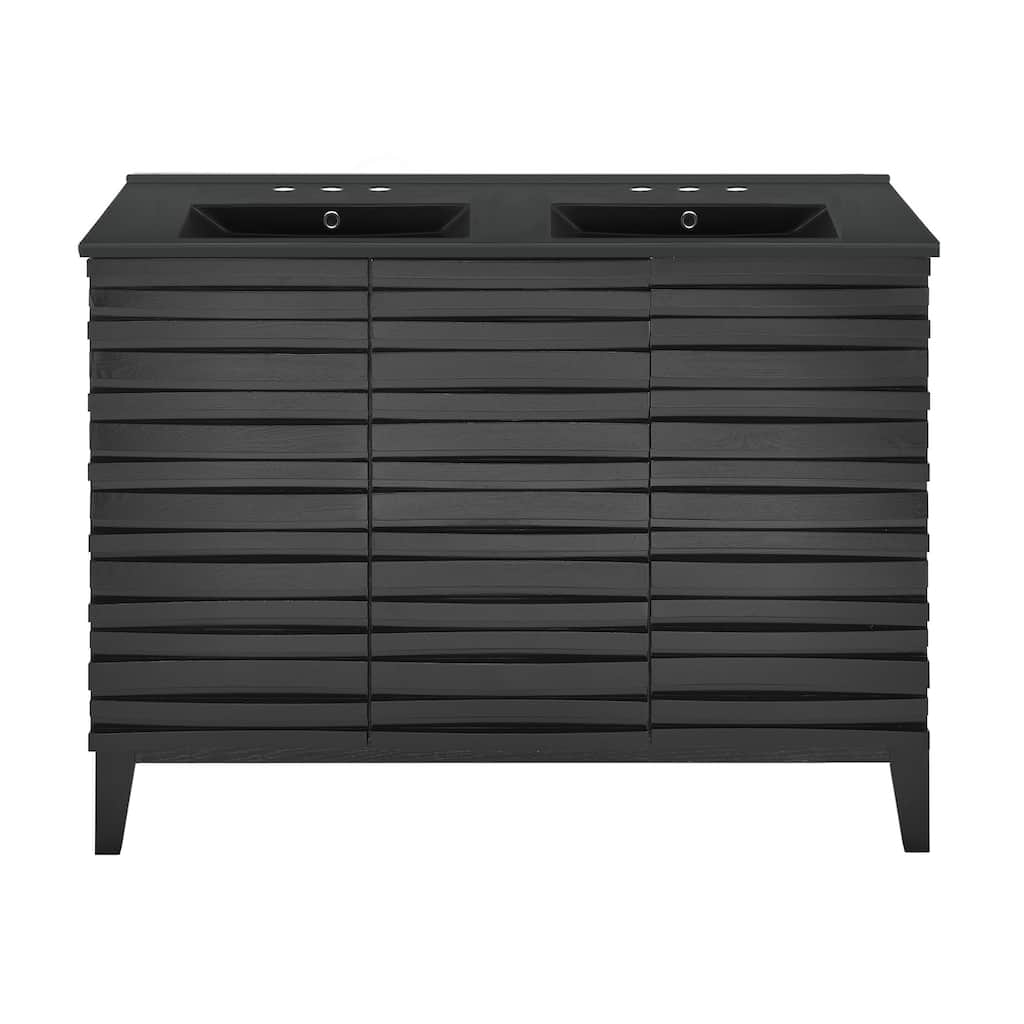 Cascade 48 In. Black Oak, Double Basin Bathroom Vanity With Black, 3-Hole Ceramic Sink Top