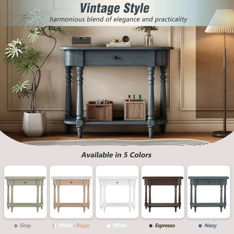 Narrow Console Table with Curved Corner, Retro Entryway Table with Top Drawer and Open Shelf