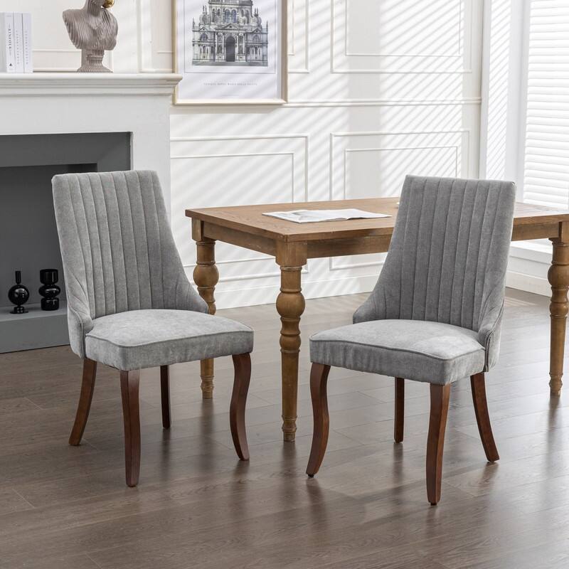 Comfy Linen Upholstered Dining Chairs Set of 2 with Curved Solid Wood Legs for Dining Room