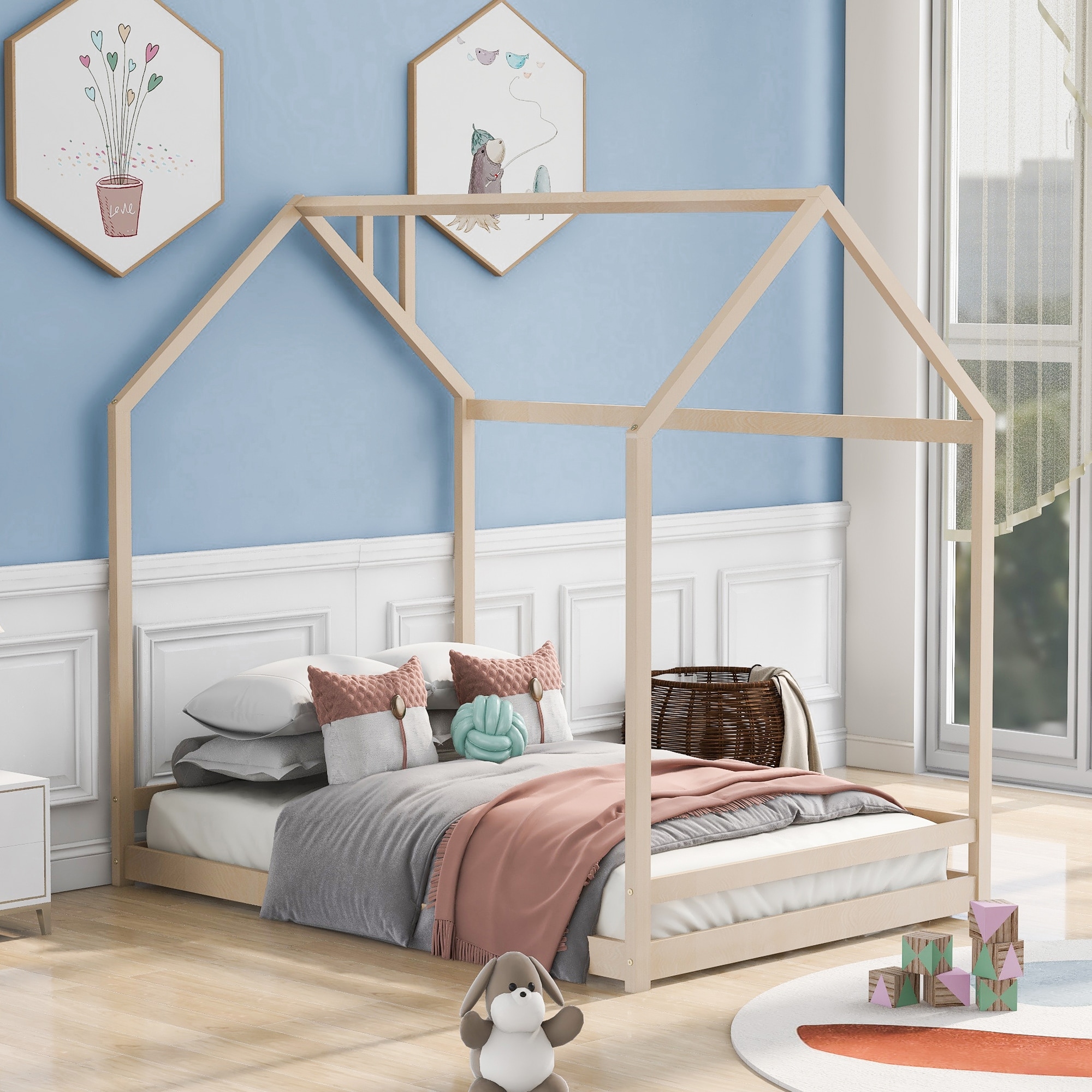 Full Size House Bed Frame Floor Montessori House Bed for Boys and