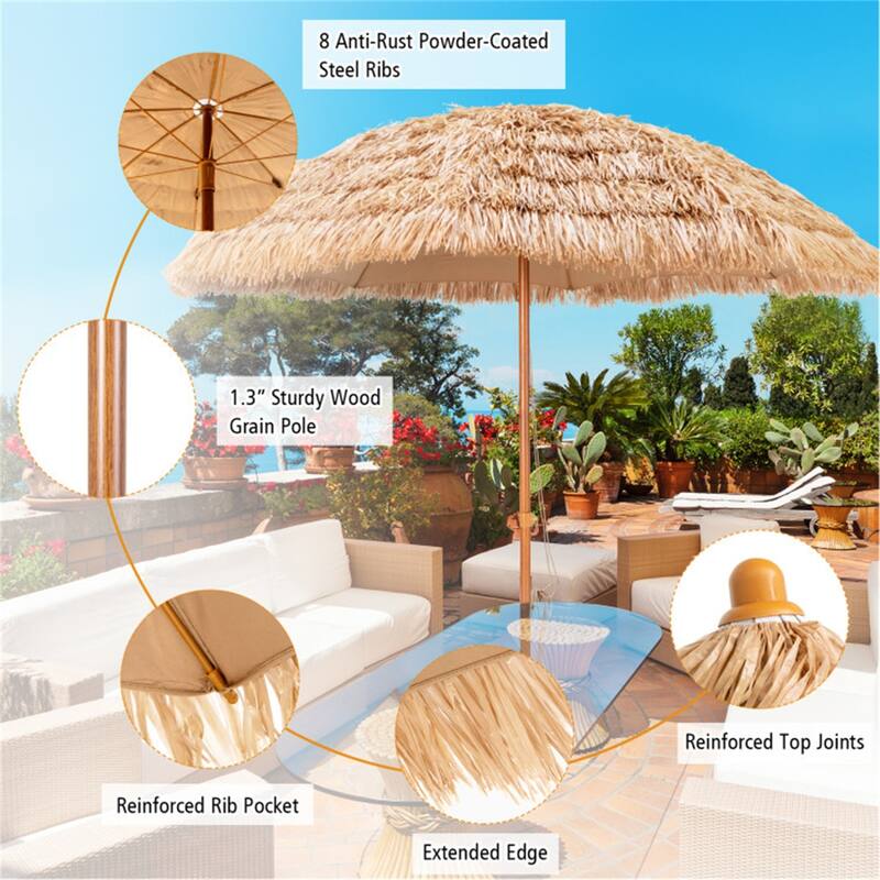 Portable 8 Feet Natural Thatched Patio Umbrella Sunshade Tiki with Steel Pole for Beach or Pool