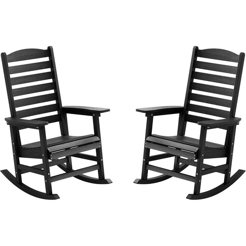 WINSOON All Weather HIPS Outdoor Rocking Chair with Curved Backrest - Set of 2 - Black