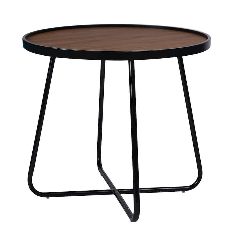 24 in. Brown and Black Round Wood End Table with Cross Base