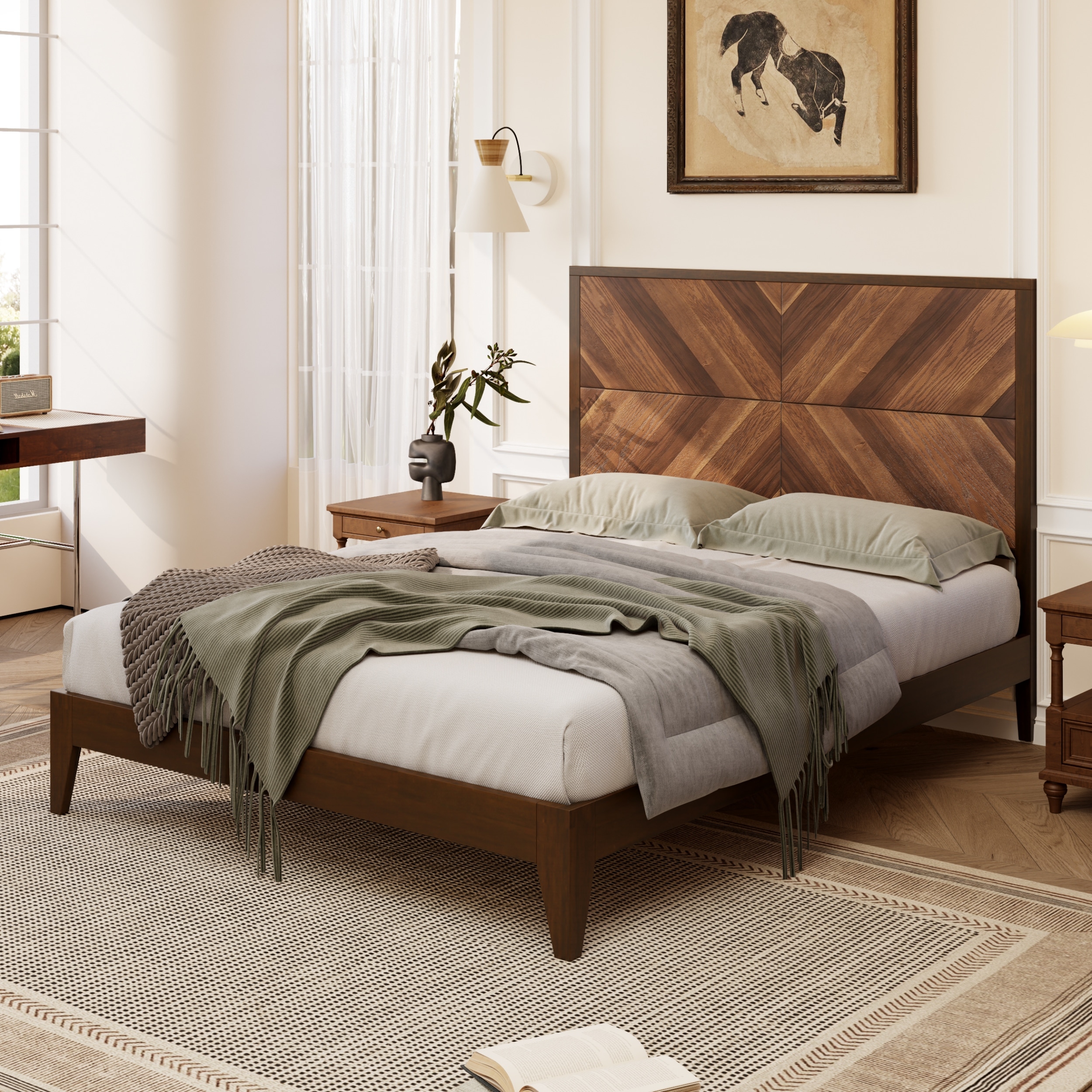 Solid Pine Wood Queen Bed Frame with Elevated Headboard No Box Spring Needed Walnut