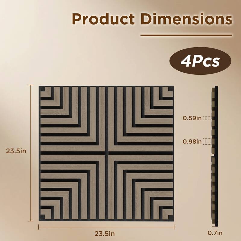 23.6" x 23.6" Wood Geometric Acoustic Wall Panels for Ceiling and Wall Decor, 4-Pack (15 sq ft)