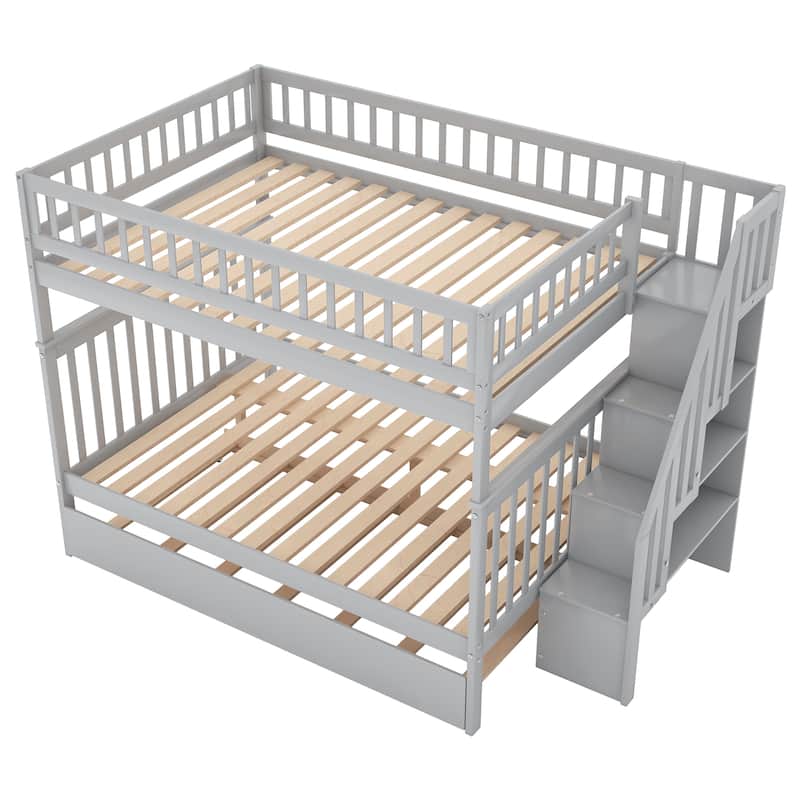 Full Over Full Bunk Bed with Trundle, Wooden Bunk Bed Frame with Storage Staircase & Guardrails, Convertible to Separate Beds