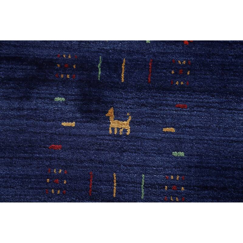 Blue Tribal / Striped Gabbeh Indian Area Rug Handmade Silk Carpet - 8'1" x 9'7"