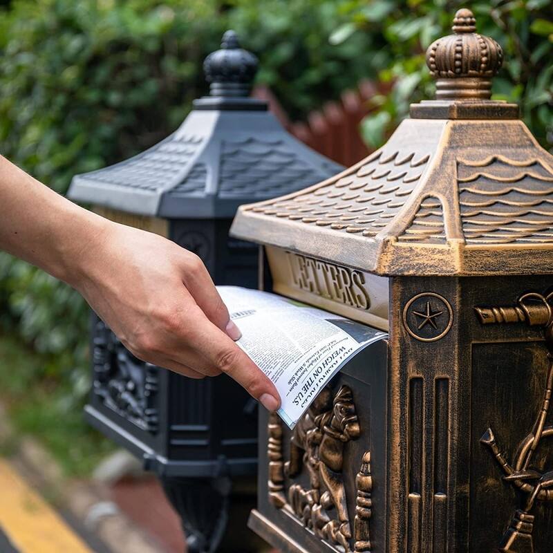 Retro Mid-century Aluminum Cast Mailbox with Post and Keys, Locking Residential Rust-Proof Security Postal Mailboxes
