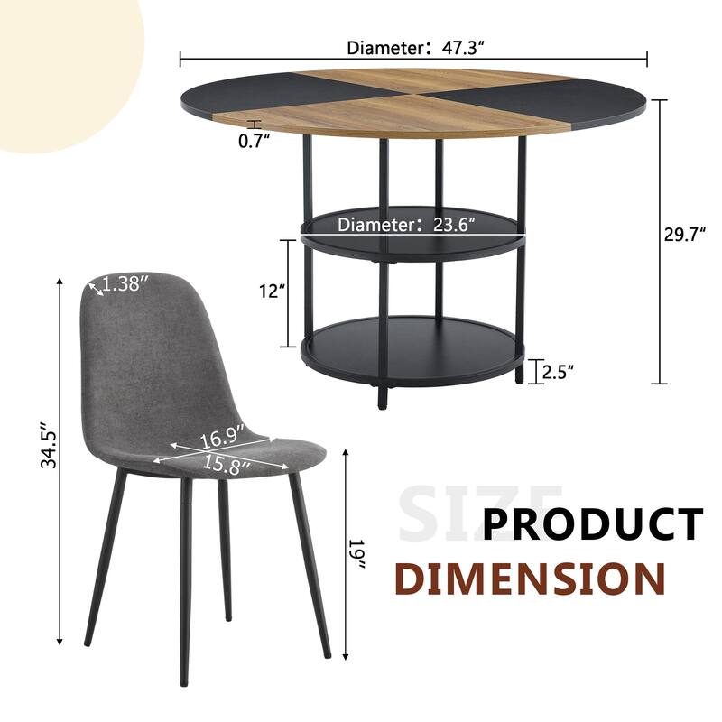 A 47.3-Inch Diameter Modern Splicing Circular Dining Table Set- Double-Layer Storage,Paired with 6 Fabric Chairs