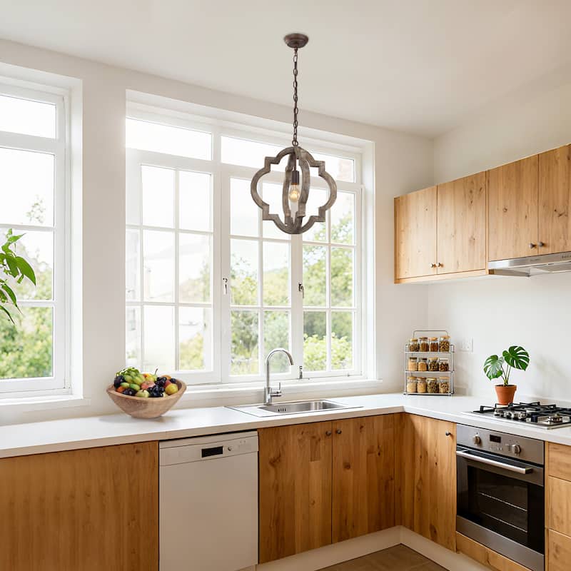 Farmhouse Rustic Wood Lantern Chandelier for Kitchen Island Dining Room