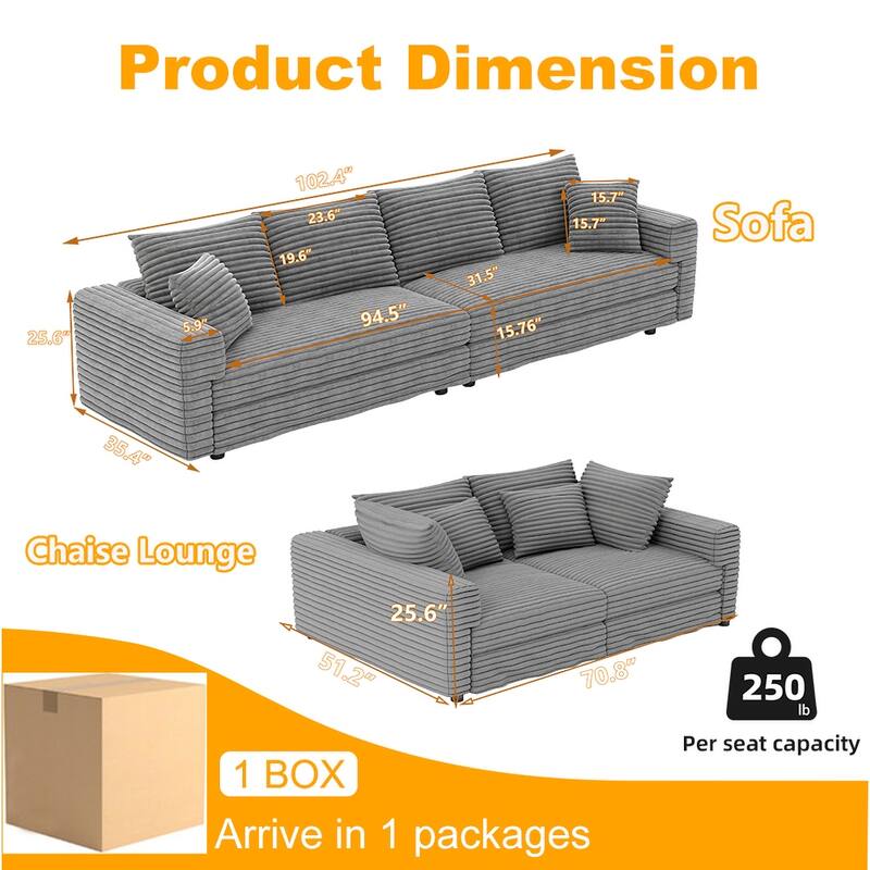102.4 " Corduroy Modular Sofa, Modern Upholstered Sofa Cloud Couch, Deep Seat Couches w/ Pillows, Movable Ottoman for Apartment