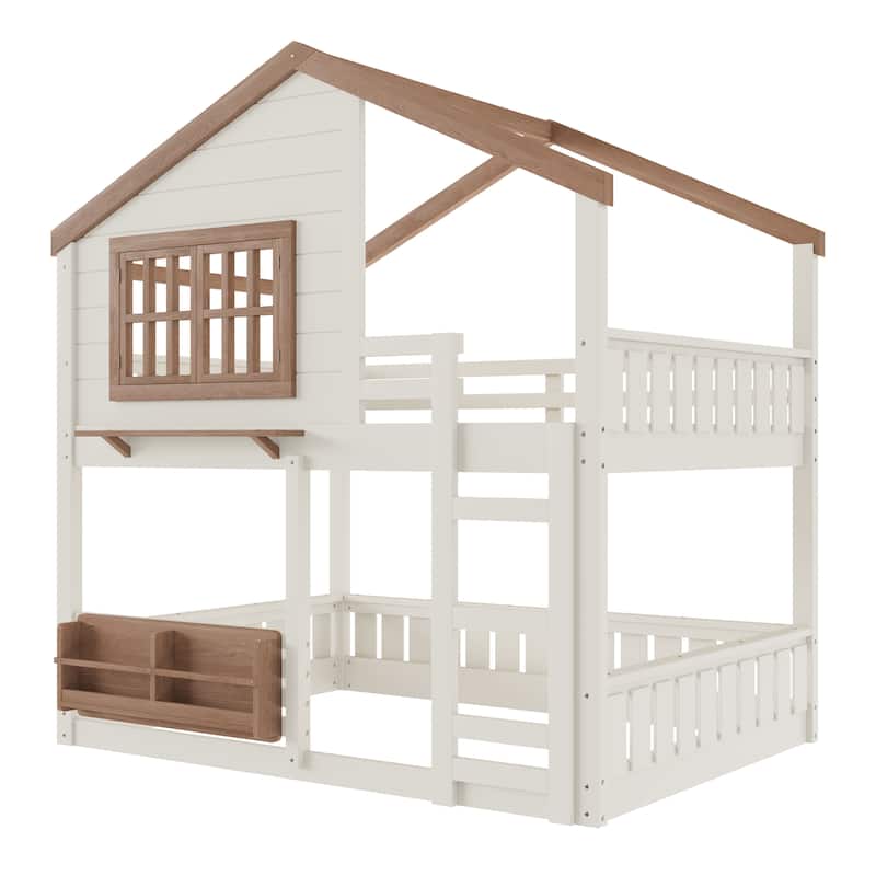 Full/Twin Bunk Bed with Bookshelf, House Design Loft Bed with Safety Fencing, High-Quality Kids Bed Frame