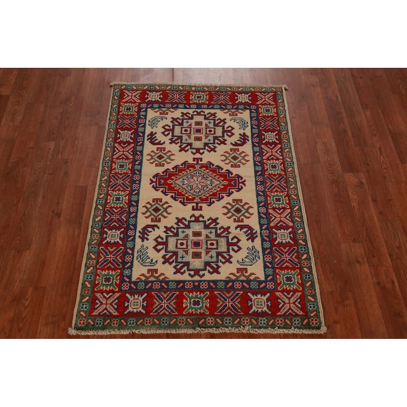 Traditional Kazak Foyer Rug Hand-Knotted Beige Wool Carpet - 2'8"x 4'0"
