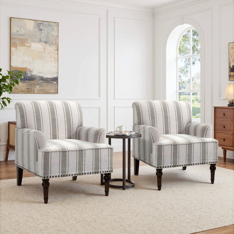 Set of 2 Stripe Linen Accent Arm Chairs with Nailhead Trim and Wood Legs