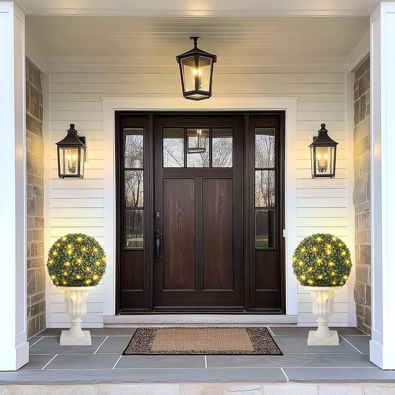 2 pcs Pre-Lit Artificial Plant Topiary Ball for Outdoor Indoor - 27 inch