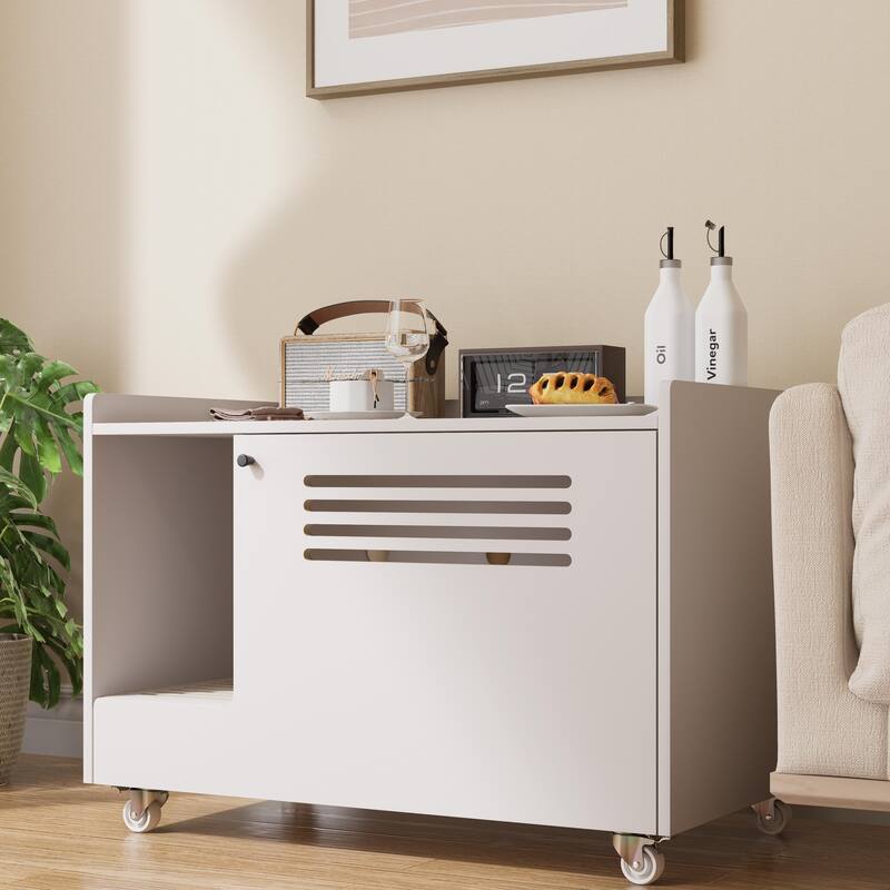 Cat Litter Box Enclosure,Hidden Litter Box Furniture with Top Side Fence,Wooden Pet House Side End Table - White