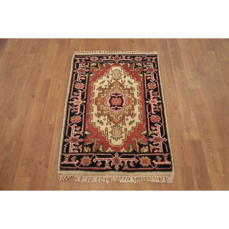 Hand Knotted Oriental 100% Wool Carpet Traditional Medallion Beige & Ivories Heriz (serapi) Area Rug - 3' 0'' X 2' 0''