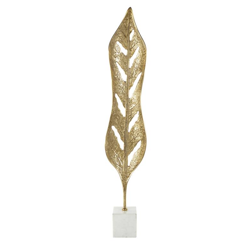 Aluminum Metal Leaf Tall Textured Cutout Decorative Sculpture with White Marble Base - Gold - Roche River Decor