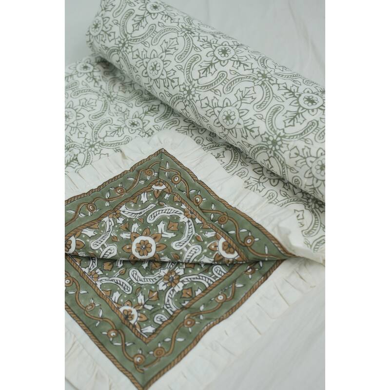 Fabdivine Luxury Hand Block Print Cotton Quilt Floral Boho Bedding for Bedroom & Sofa, Green White Handmade Reversible Bedspread
