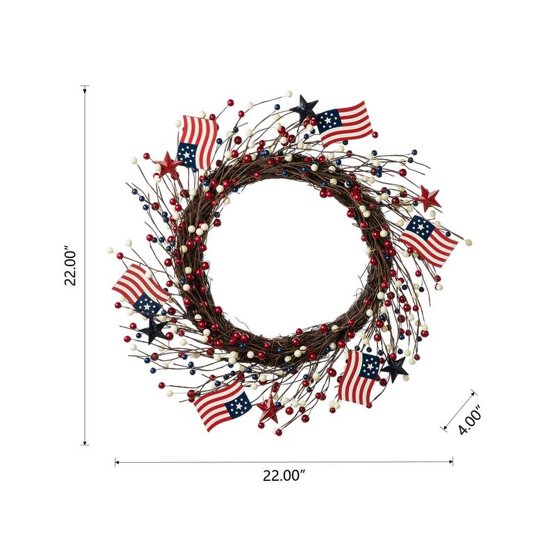 Glitzhome 22"D Artificial Patriotic Americana Flag and Berry Wreath