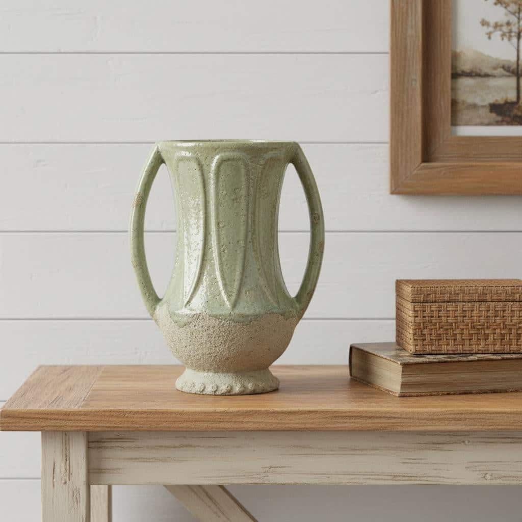 12" Sage And Ivory Amphora Ceramic Table Vase - 9.30